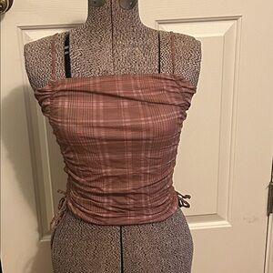 Urban Outfitters Pink Plaid Camisole that's cinched at the waist and multicolord